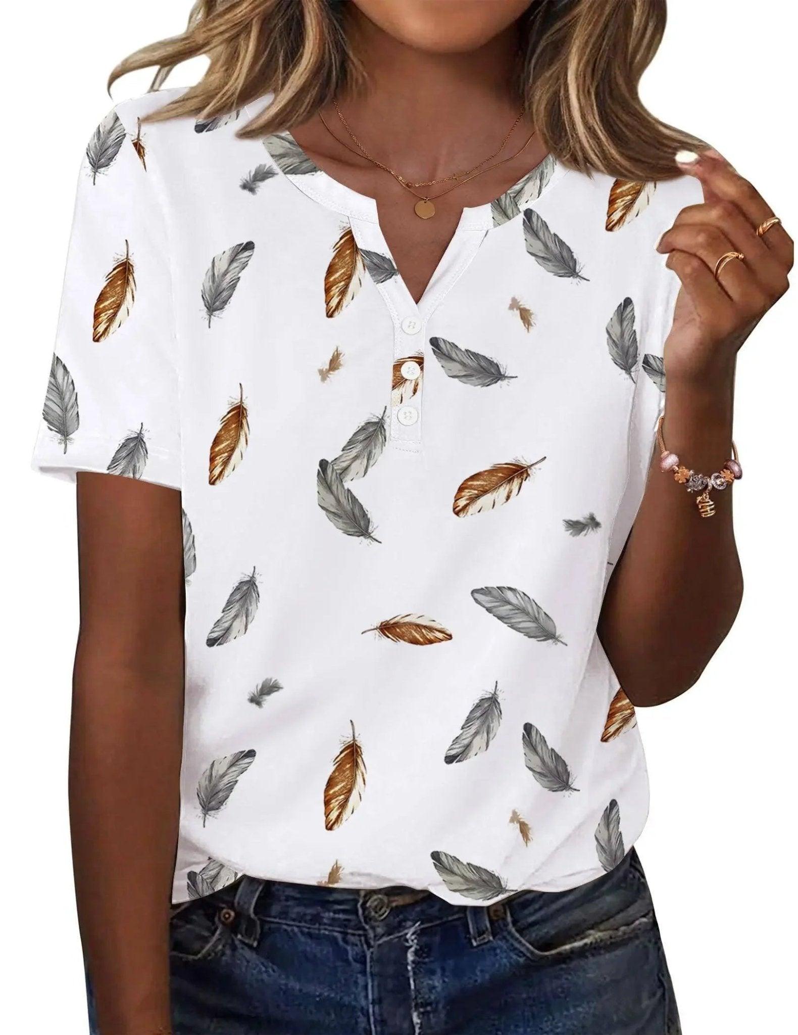 White feather print women's V-neck button-up top with short sleeves, casual fashion blouse