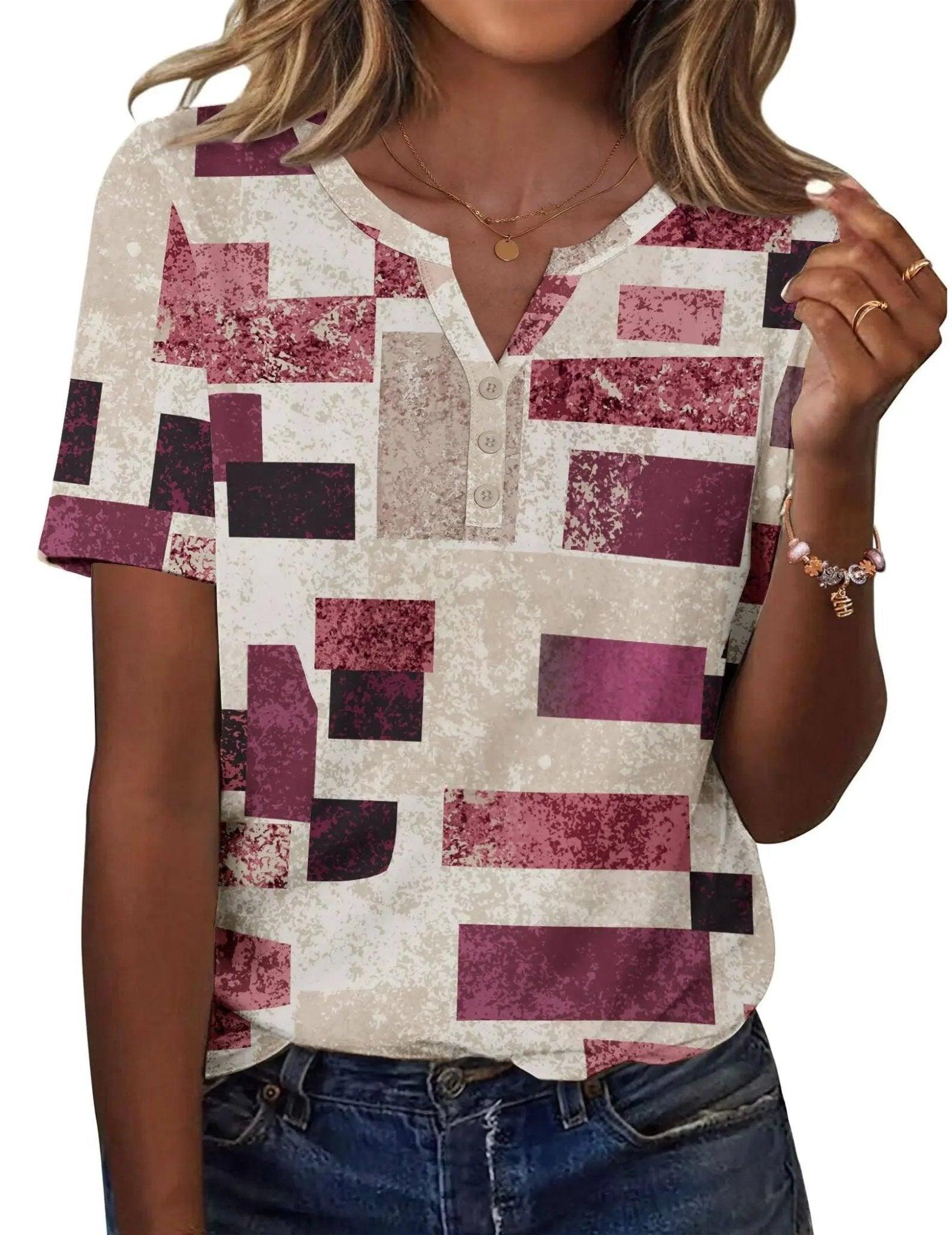 Women's geometric print V-neck button-up top with short sleeves, casual fashion blouse