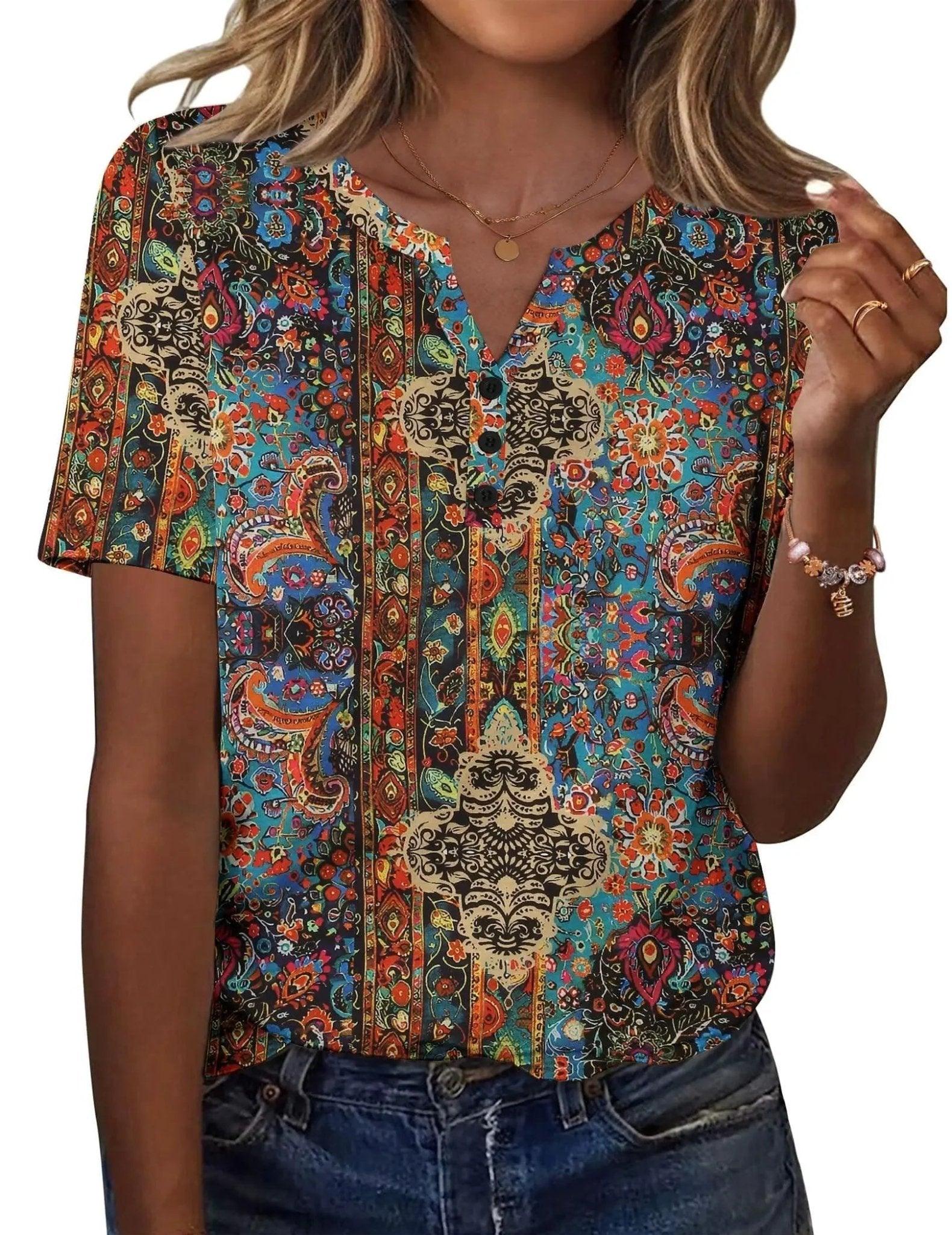 Women's vibrant boho floral print blouse with V-neck and short sleeves, perfect for casual fashion
