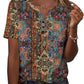 Boho floral print women's V-neck button-up blouse with short sleeves, perfect for casual fashion