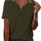 Olive green women's V-neck button-up t-shirt with short sleeves, paired with denim jeans and layered necklaces.