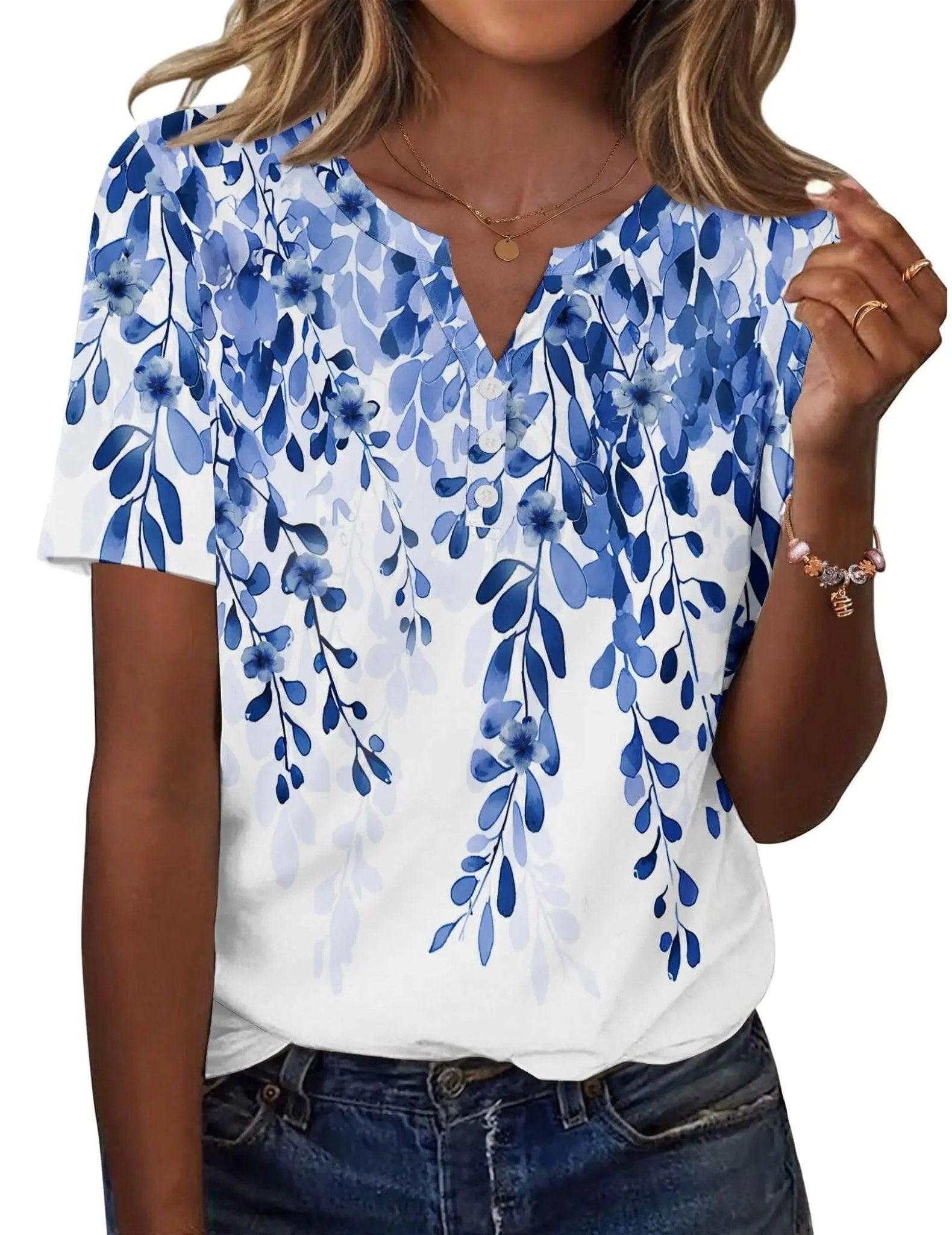 Blue floral print women's V-neck short sleeve top with button detail, casual fashion blouse